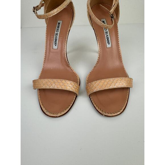 Manolo Blahnik Chaos Sandal 37.5 Beige Blush SnakeSkin Ankle Strap Stiletto Heel - Picture 4 of 10